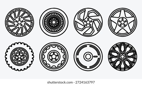 Conjunto de varios diseños de ruedas y llantas de neumáticos en negro