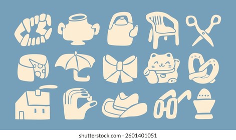 Set of Various white Doodle icons. Different elements. Teeth, pot, chair, scissors, cheese, maneki, pretzel, hat, umbrella, egg etc. Hand drawn trendy Vector illustration. All elements are isolated