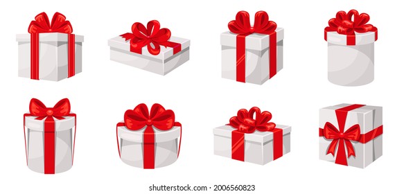 Set of various white gift boxes with red ribbon and bows.Collection for 
black friday sale shopping concept.Holiday present boxes.New year, anniwersary, birthday, christmas vector icon design element