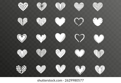Set of various white heart illustrations png. Hand-drawn vector icons and symbols on isolated transparent background.