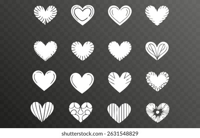 Set von verschiedenen Illustrationen des weißen Herzens png. Handgezeichnete Vektorsymbole und -symbole auf einzeln transparentem Hintergrund.