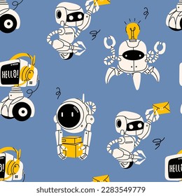 Set of various white Robots. Cute artificial robotic characters. Hand drawn Vector illustration. Futuristic retro androids. Cartoon style. Square seamless Pattern. Background, wallpaper