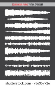 Set of various white sound waves isolated on black background. Vector illustration for your graphic design.