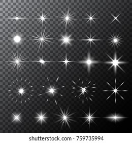 Set of various white starry elements with different light effects. Vector illustration for your graphic design.