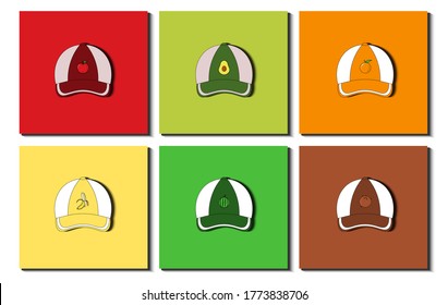 Set of various white stripe baseball caps. Different fruit icon, pattern. Apple, Avocado, Banana, Coconut, Orange, Watermelon. Baseball Caps Collection. Flat design. Vector Illustration.