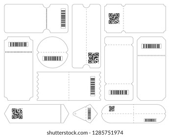 Set of various white tickets with barcodes and QR codes 