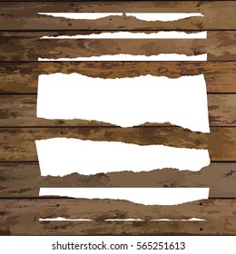 Set of various white torn note papers. Vector illustration.