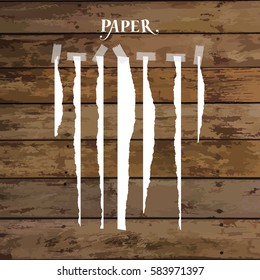 Set of various white torn note papers with adhesive tape. Vector illustration.