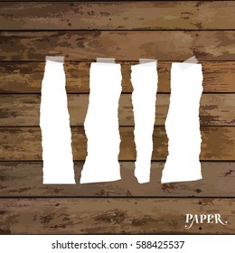 Set of various white torn note papers with adhesive tape. Vector illustration.