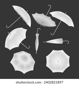 Set of various white umbrella rain set collection isolated on black background with front, back and side view, Realistic white umbrella open and folded lying in different angles. For Mock-up, Branding