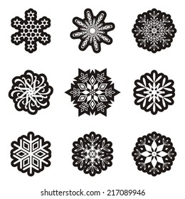 Set of various white vector snowflakes on white