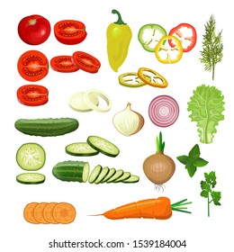 Set of various whole and chopped vegetables. Tomato, pepper, cucumber, onion, carrot and greenery. Vector illustration isolated on white background