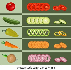 Set of various whole and chopped vegetables. Tomato, pepper, cucumber, onion and carrot. Vector illustration isolated on green background