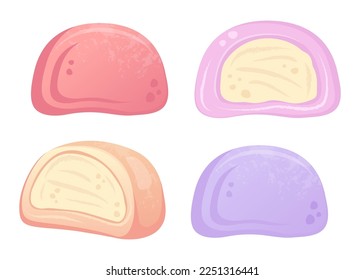 Conjunto de varios Mochi enteros y medio aislados. Platos tradicionales japoneses. Ilustración plana vectorial para platos de restaurante, menú, postre, concepto de cocina