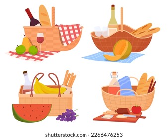 A set of various wicker picnic baskets. Outdoor recreation. Beautiful straw baskets are handmade. Vector illustration