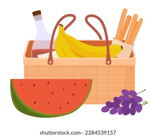 A set of various wicker picnic baskets. Outdoor recreation. Beautiful straw baskets are handmade. Vector illustration