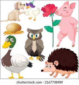 Set of various wild animals in cartoon style illustration