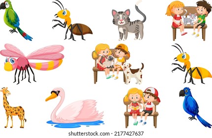Set of various wild animals in cartoon style illustration