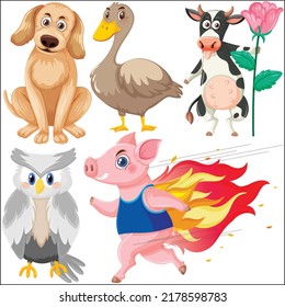 Set of various wild animals in cartoon style illustration