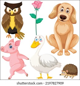 Set of various wild animals in cartoon style illustration