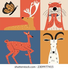 Set of various wild animals. Deer, roe deer, wild goat, otter. Vector illustration in hand drawn style