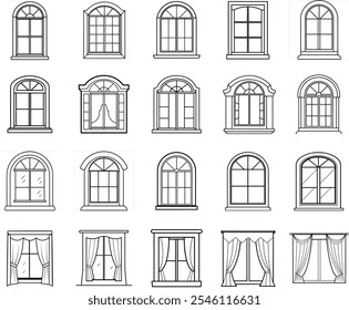 Set of various window line drawings