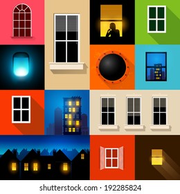 A set of various windows and window frames. Vector illustration