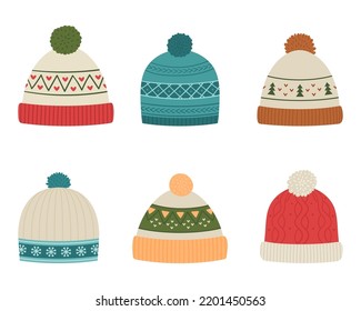 A set of various winter hats. Flat cartoon style.