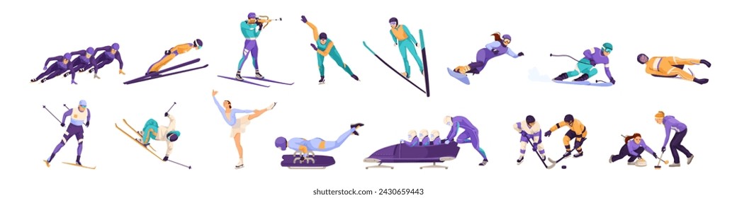 Conjunto de varias actividades deportivas de invierno, gente haciendo patinaje sobre hielo, bobsleigh, hockey, biatlón, snowboard, freeride, carreras de bajada. Aislado sobre fondo blanco . Ilustración de vector