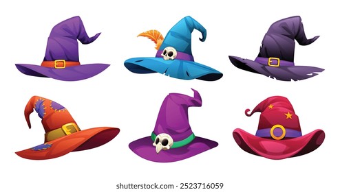 Conjunto de varios sombreros de bruja con plumas, cráneos y patrones. Vector ilustración de dibujos animados