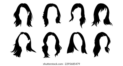 set of various woman hairstyle silhouette. concept of beauty, fashion, salon, hairstyle. vector illustration.