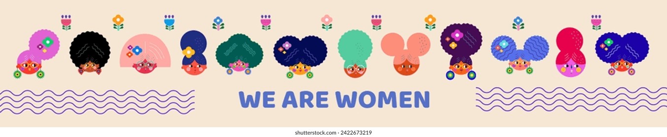 Set of various women characters. Vector bright colourful collection with women's faces for holiday Women's day. Characters design for 8th march, women's day.