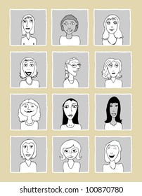 Set of various women doodle faces - one of a series of similar images