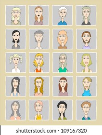 Set of various women doodle faces - one of a series of similar images