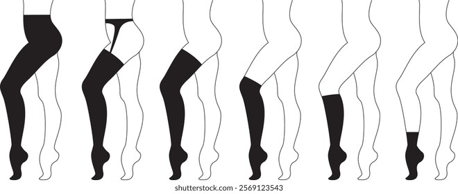 Set of various women stockings. Different types of women's socks, tights and stockings. Outline vector illustration