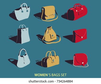 Set of various women's bags. Vector illustration