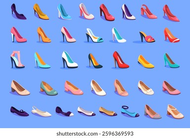 Set of various womens shoes in different colors and styles on blue. Vector illustration