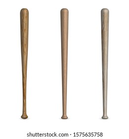 Set of various wooden baseball bats isolated on a white background. Front view, vector illustration.