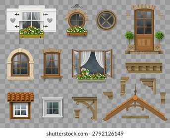 A set of various wooden facade elements