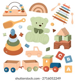 Conjunto de varios juguetes de madera incluyendo un oso de peluche, tren, bloques y xilófono. Elementos infantiles estilizados en colores suaves. Perfecto para diseños relacionados con el bebé y la educación.