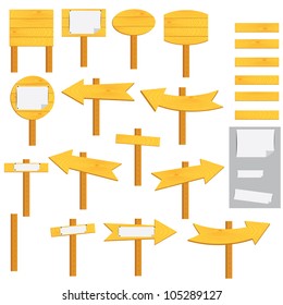 Set of various wooden signs with papers and without papers on the white background.