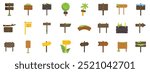 Set of various wooden signs pointing in different directions with various backgrounds including grass, trees, and moss