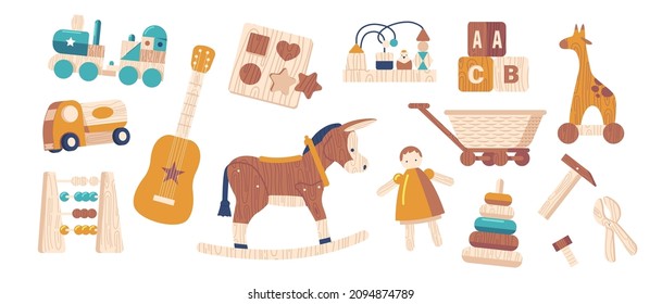 Set of Various Wooden Toys Train, Car, Guitar and Sorter, Soraban, Pyramid, Rocking Donkey and Dolls. Wheeled Giraffe, Carpentry Instruments and Trolley with Cube Blocks. Cartoon Vector Illustration