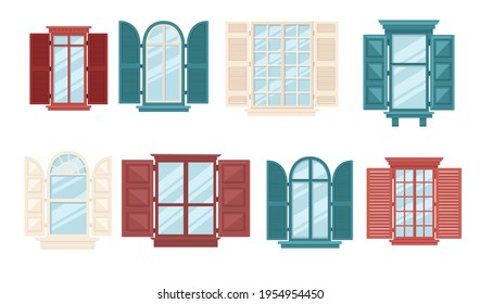 Reihe verschiedener Holzfenster mit Fensterläden Sammlung Retro-Fenster Vektorgrafik auf weißem Hintergrund