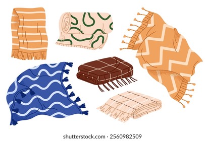 Set of various wool blankets and plaids. Includes rolled, folded, and spread-out plaids with tassels for home interior and picnic. Vector illustration in cartoon style. Isolated white background
