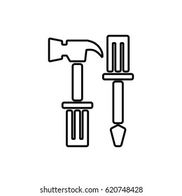 Set of various working objects. Logo. Hammer. Small screwdriver.