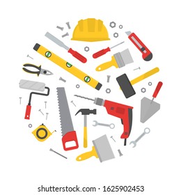 Set of various working tools in circle shape. Building and repairing theme.  Home repair. Construction tools. Hand tools for home renovation and construction. Flat style, vector illustration.