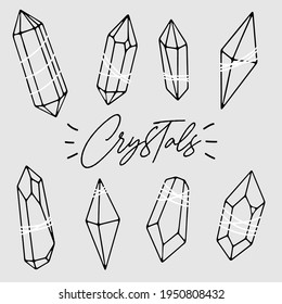 Reihe von verschiedenen umhüllten Kristallen, Diamanten, Edelsteine, Mineralien, Rhinestone, Geburtsteine. Abstrakte, spirituelle, witzige, boho Logo-Kollektion. Polygonale Formen. Vektorgrafik von Flacherzeugnissen und Linien