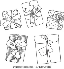 Conjunto de varios regalos envueltos y cajas de regalo atadas con cintas, lazos y etiquetas. Ilustración de vista superior perfecta para fiestas, celebraciones, compras, cumpleaños, Navidades o temas sorpresa.