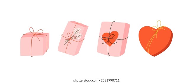 Set of various wrapping gift boxes for valentines day. Vector flat trendy illustration of cute holiday pink presents with bowknots